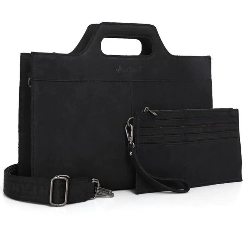 MONTANA WEST Black Genuine Leather Laptop Case Tote & Wristlet Set NWT